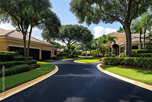 Residential gated community with tree-lined roads, large family homes, and a community clubhouse in the distance