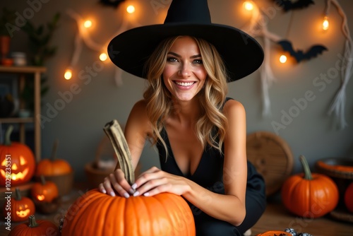 Smiling woman in Witch hat showing carved jack o lantern pumpkins and Halloween decorations string lights in cozy autumn setting