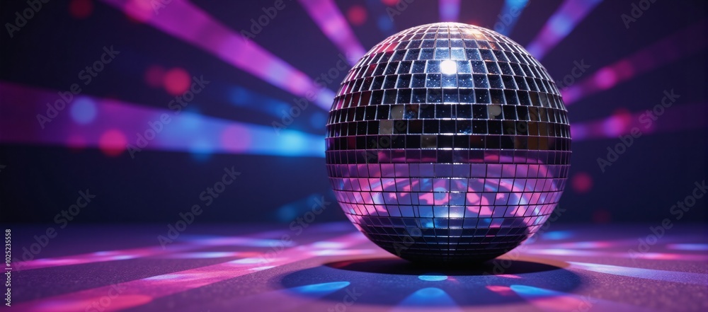 Obraz premium A disco ball shines against an abstract backdrop of colored rays and light effects Purple Pink Blue
