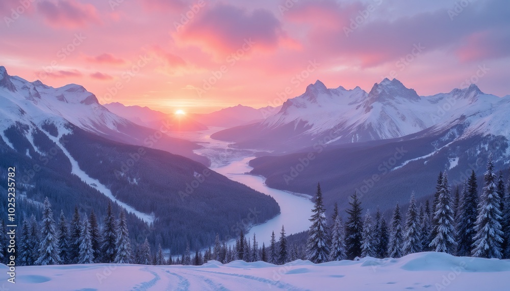 Breathtaking winter landscape at sunrise with snow-covered mountains and river, vibrant colors, scenic view, copy space