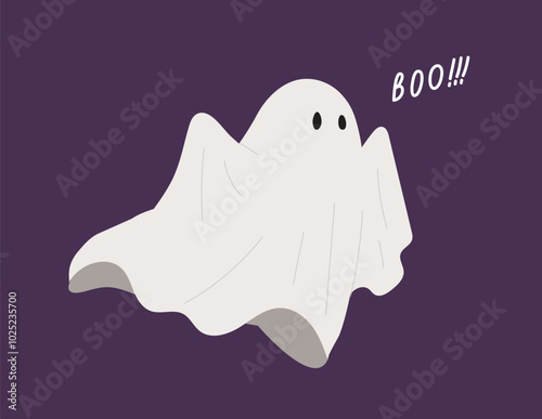 Spooky and cute cloth ghost with "BOO!!!" word. Fabric or bedsheet ghost. Character for Halloween decoration, greeting or invitation card, October festival, Halloween night. Flat vector cartoon.