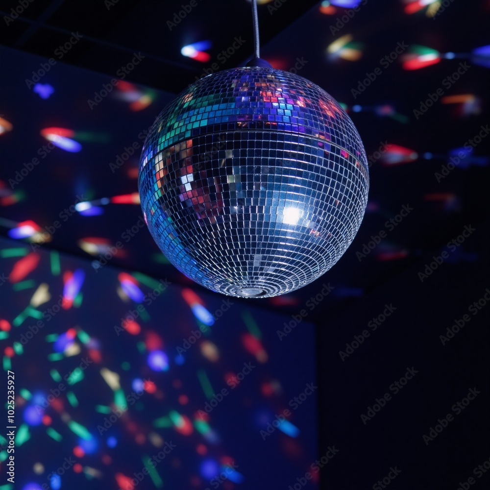 Fototapeta premium Vibrant mirror-ball spins casting a kaleidoscopic glow at a lively party scene