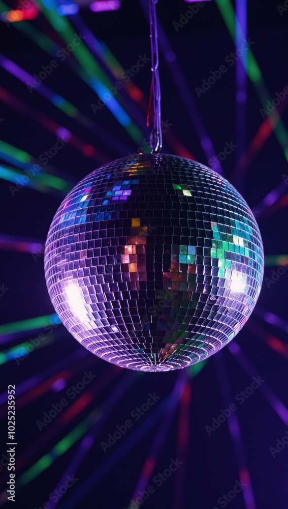 Obraz premium Vibrant mirror-ball spins casting a kaleidoscopic glow at a lively party scene