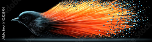 A magnificent bird with brilliant orange & red feathers elegantly stretches its wings across this ultra-wide display, showcasing the striking contrast of its vibrant colors against a black background