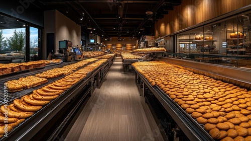 A bakery with rows of fresh baked goods on display.