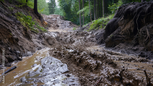 Mud flowing down a hillside. 