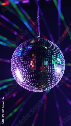 Vibrant mirror-ball spins casting a kaleidoscopic glow at a lively party scene photo