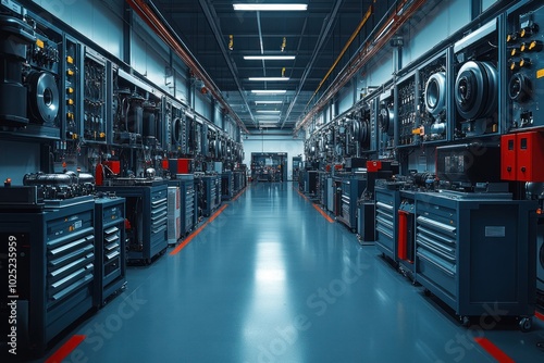 A long, empty workshop with toolboxes and equipment lined up on both sides, the floor is a bright grey with red tape along the edges.