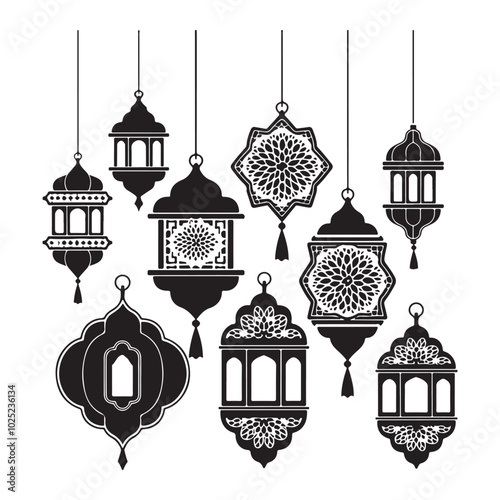 Vintage hanging light vector, Arabic lamp silhouette illustration
