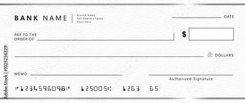 Blank bank check, checkbook cheque template with blue guilloche, vector mockup. Money payment bank check voucher or pay cash cheque certificate, account bill paycheck