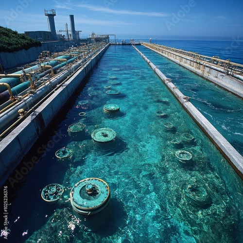 A long, narrow channel of water filled with round objects, set against a backdrop of a coastline and industrial structures. photo