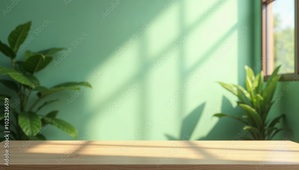 Wooden Table or Shelf with Blurred Green Background Ideal for Nature and Interior Design Themes Wooden Table or Shelf with Blurred Green Background Ideal for Nature and Interior Design Themes