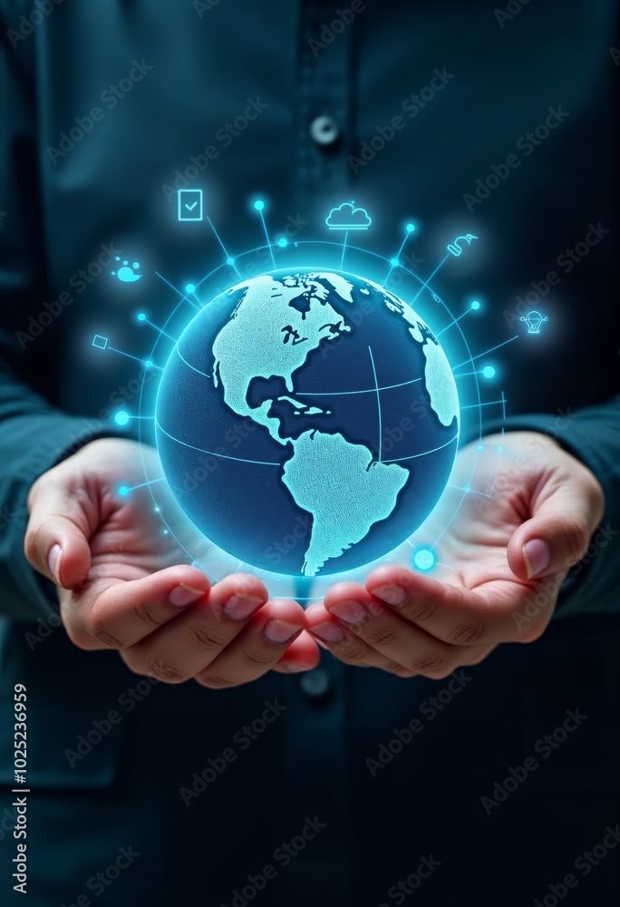 Hands Holding a Glowing Holographic Globe Representing Global Connectivity and Digital Technology Hands Holding a Glowing Holographic Globe Representing Global Connectivity and Digital Technology