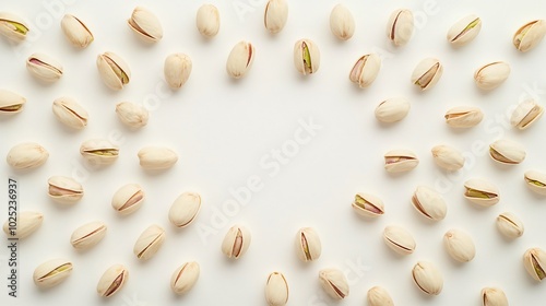 Pistachios arranged in concentric circles, isolated on a matte white background with soft lighting