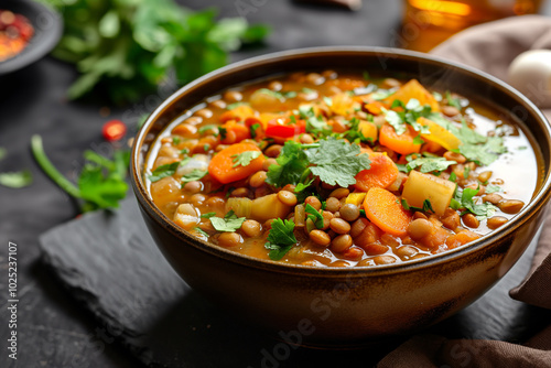 A bowl of vegetable and lentil stew with cilantro