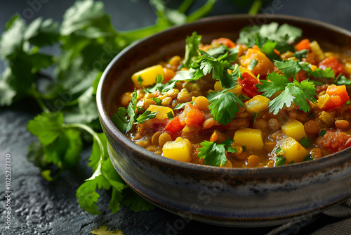 A bowl of vegetable and lentil stew with cilantro photo