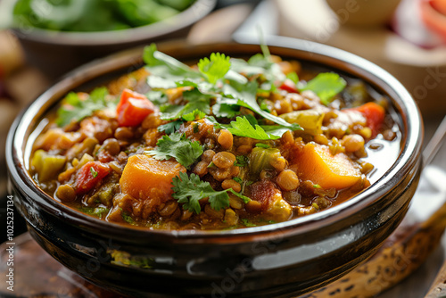 A bowl of vegetable and lentil stew with cilantro