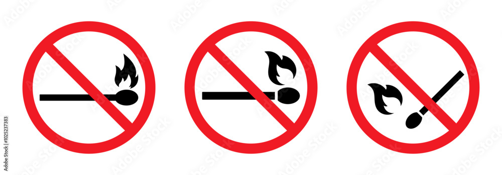 No open fire sign set isolated. Set of no fire sign symbol. No open fire burning symbol. Ban matchstick symbol. No open flame. Prohibited signs symbol. Ban sign icon. Vector illustration. No open fire sign set isolated. Set of no fire sign symbol. No open fire burning symbol. Ban matchstick symbol. No open flame. Prohibited signs symbol. Ban sign icon. Vector illustration.