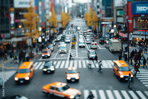 A busy city intersection with cars and pedestrians