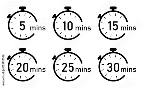 5, 10, 15, 20, 25, 30 minutes timer and clock icons set black color isolated on a white background. Timer logo. Clock symbols, stopwatch signs, timer icons. Vector illustration.