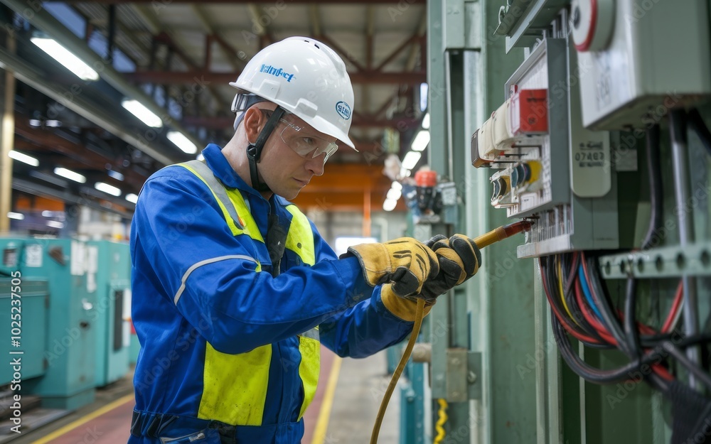 electrican working in a factory, worker with helmet, electrical worker in action electrican working in a factory, worker with helmet, electrical worker in action
