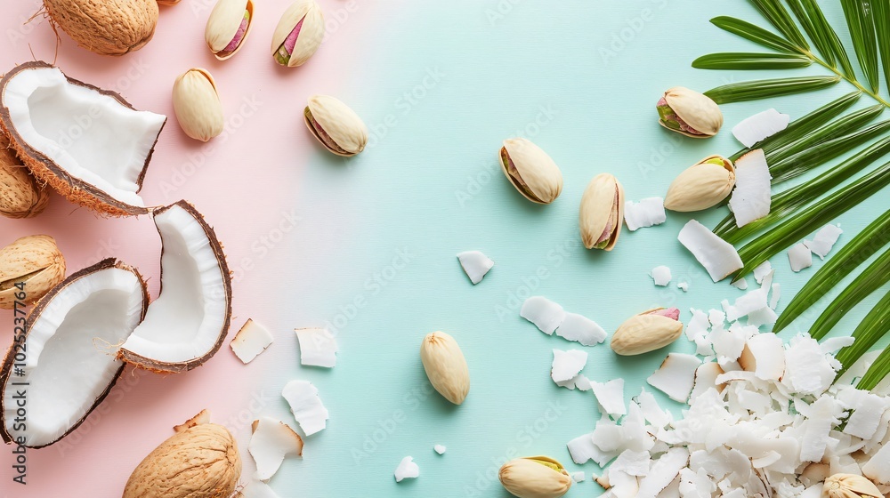 Pistachios with coconut flakes, isolated on a pastel-colored background with a tropical theme Pistachios with coconut flakes, isolated on a pastel-colored background with a tropical theme