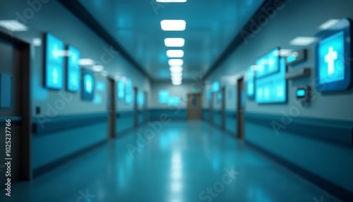 Eerie Hospital Corridor - A Long, Empty Space with Blue Lighting Ideal for Horror Themes