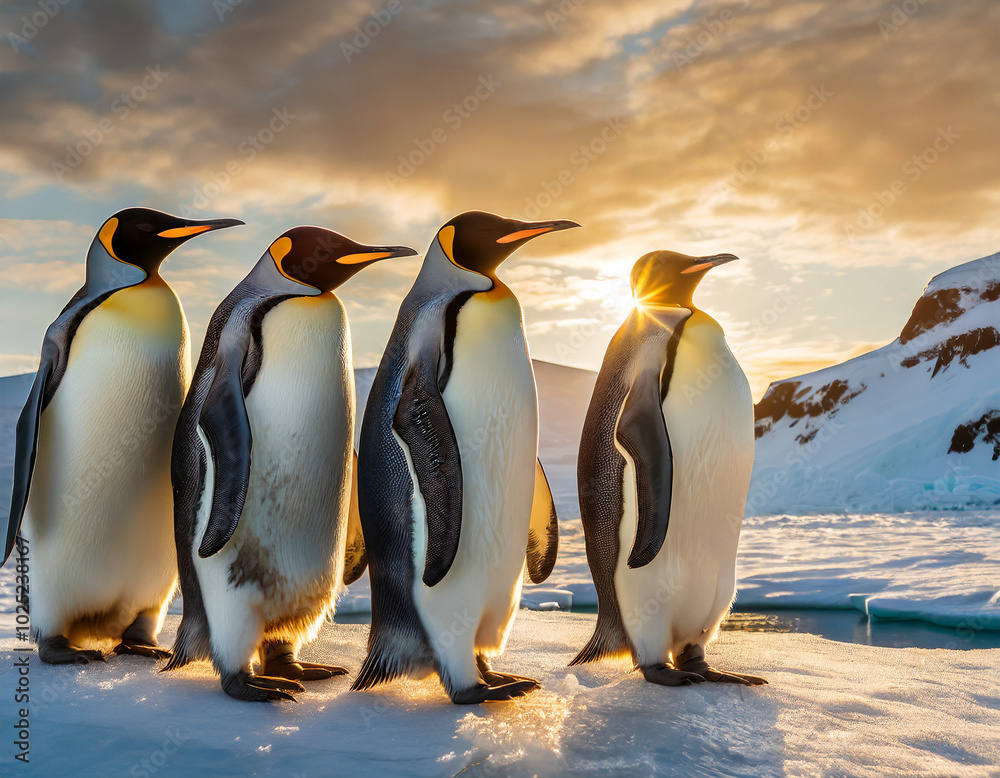 Obraz premium Four penguins stand together on a snowy landscape during sunset in Antarctica