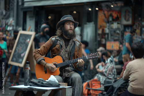 A candid photo of a street performer entertaining a crowd