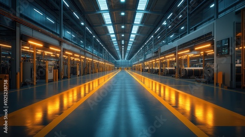 Empty industrial warehouse with yellow lines on the floor, modern lights and steel structure.