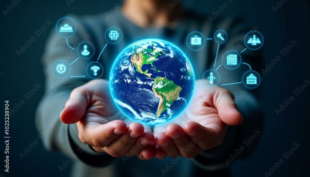 Hands Holding a Glowing Blue and Green Globe Symbolizing Global Connectivity and Technology Hands Holding a Glowing Blue and Green Globe Symbolizing Global Connectivity and Technology