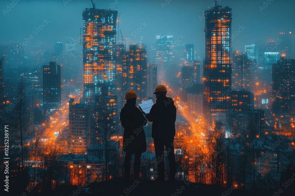 Two construction workers in hard hats stand silhouetted against a backdrop of a city skyline at night, with buildings under construction, illuminated by streetlights. Two construction workers in hard hats stand silhouetted against a backdrop of a city skyline at night, with buildings under construction, illuminated by streetlights.