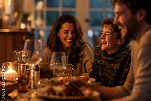 A candid shot of a family laughing together at the dining table