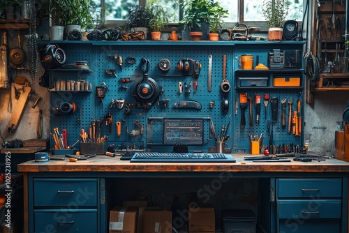 A well-equipped workshop with a computer, a pegboard filled with tools, and a workbench with drawers.