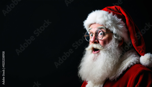 This image features a surprised Santa Claus with a bright expression, wearing his classic red suit and hat, against a dark background.

