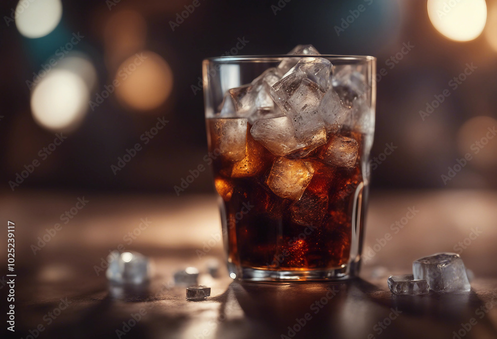 Cola with ice on a wooden table with blurred bar lights in background Cola with ice on a wooden table with blurred bar lights in background