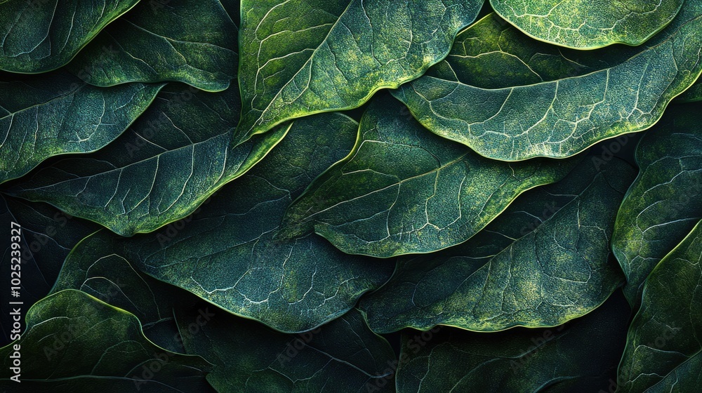 Fototapeta premium Detailed green leaf texture with rich natural patterns, creating a nature-inspired background for desktop or tropical cover.