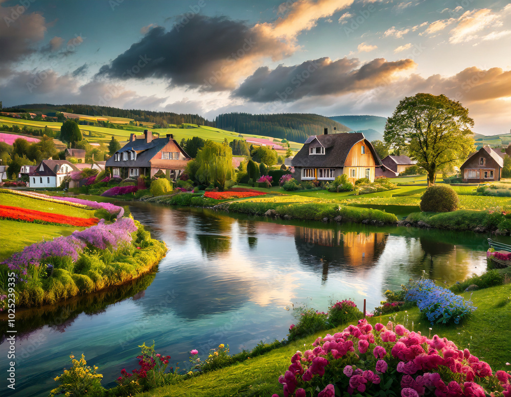 Serene landscape with colorful flowers and river near charming cottages at sunset in a peaceful valley Serene landscape with colorful flowers and river near charming cottages at sunset in a peaceful valley