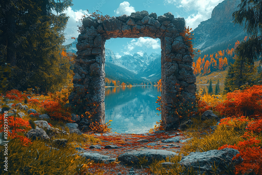 Obraz premium A doorway that leads to a different universe, representing the possibility of infinite worlds. Concept of exploration.