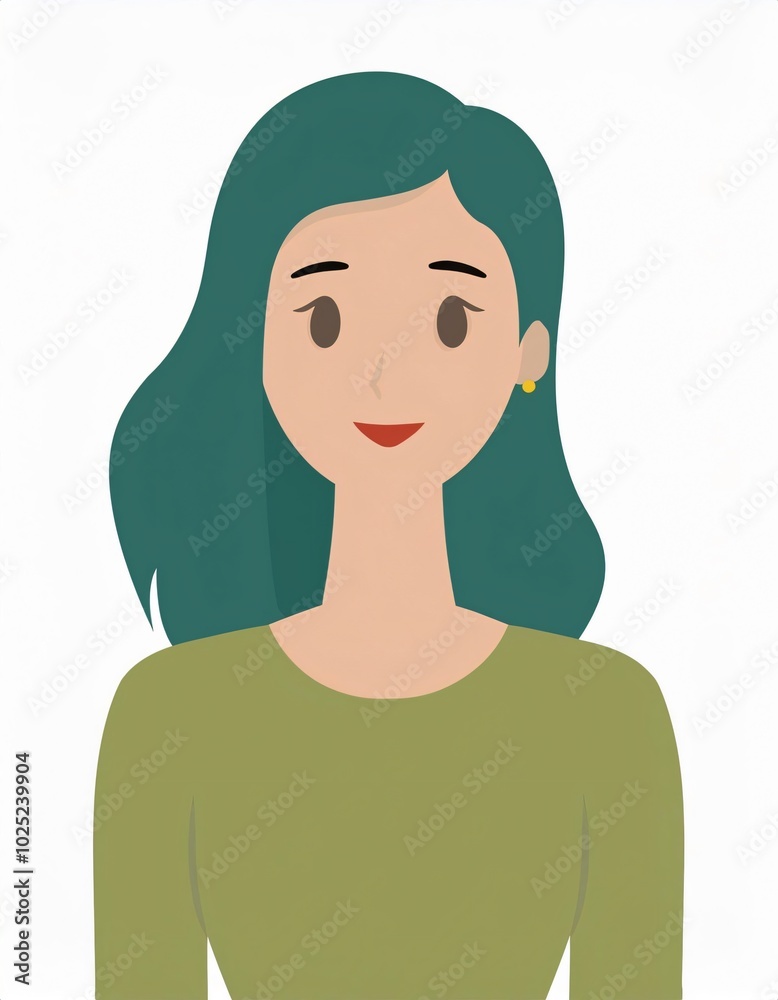 In this minimalist illustration, a confident young woman with green hair is smiling In this minimalist illustration, a confident young woman with green hair is smiling