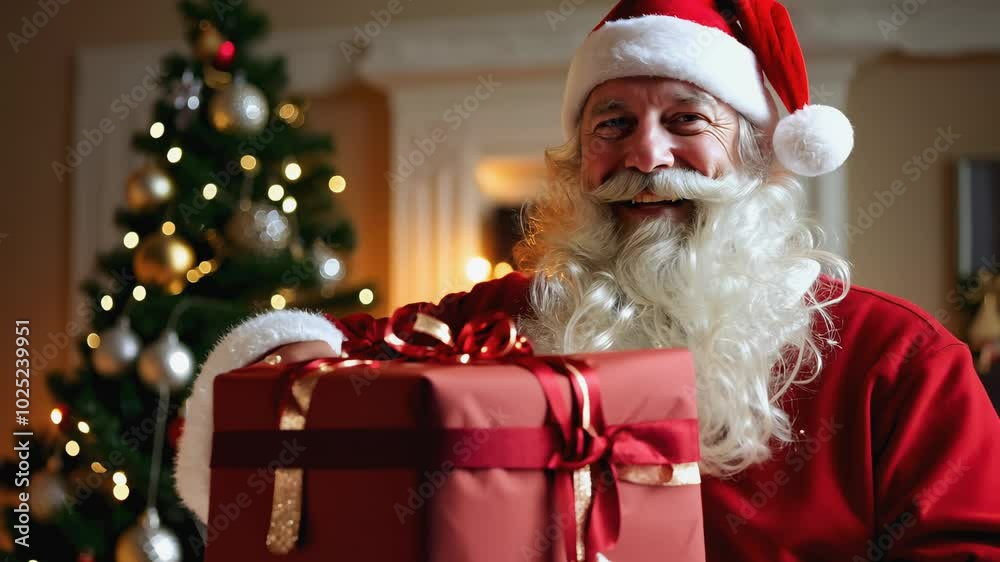 Santa Claus holds a large red gift in front of a decorated Christmas tree, with warm lighting creating a festive holiday scene Santa Claus holds a large red gift in front of a decorated Christmas tree, with warm lighting creating a festive holiday scene