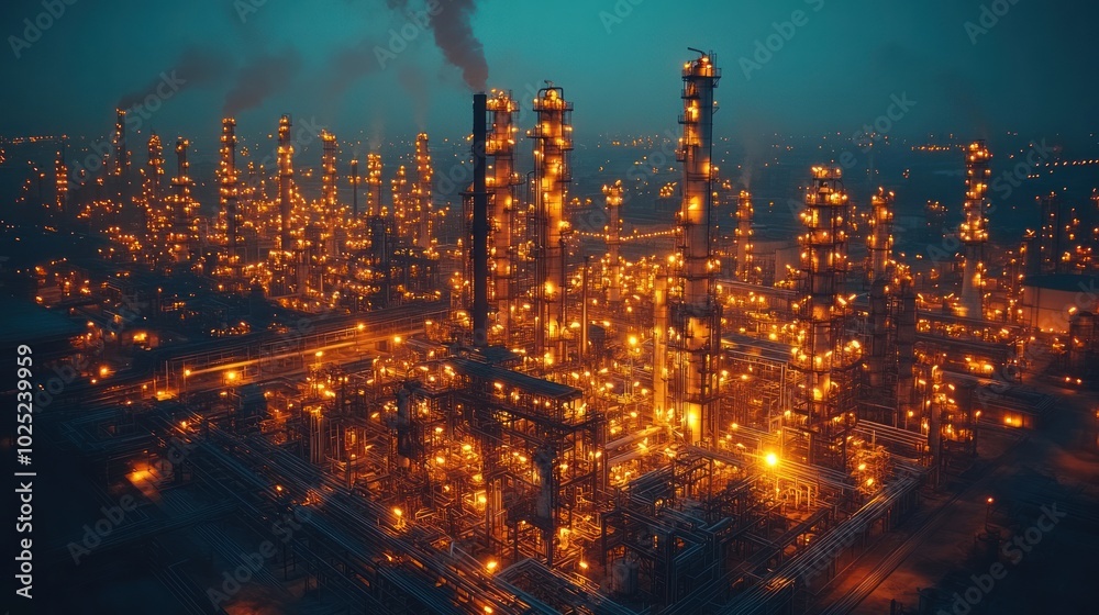 Fototapeta premium An aerial view of an illuminated oil refinery at night.