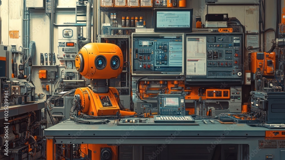 A friendly-looking orange robot sits at a desk in a cluttered laboratory, surrounded by computer monitors and various technological equipment. A friendly-looking orange robot sits at a desk in a cluttered laboratory, surrounded by computer monitors and various technological equipment.