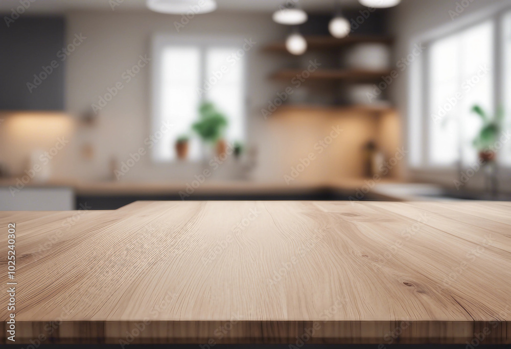 Empty beautiful wood table top counter and blur bokeh modern kitchen interior background in clean an