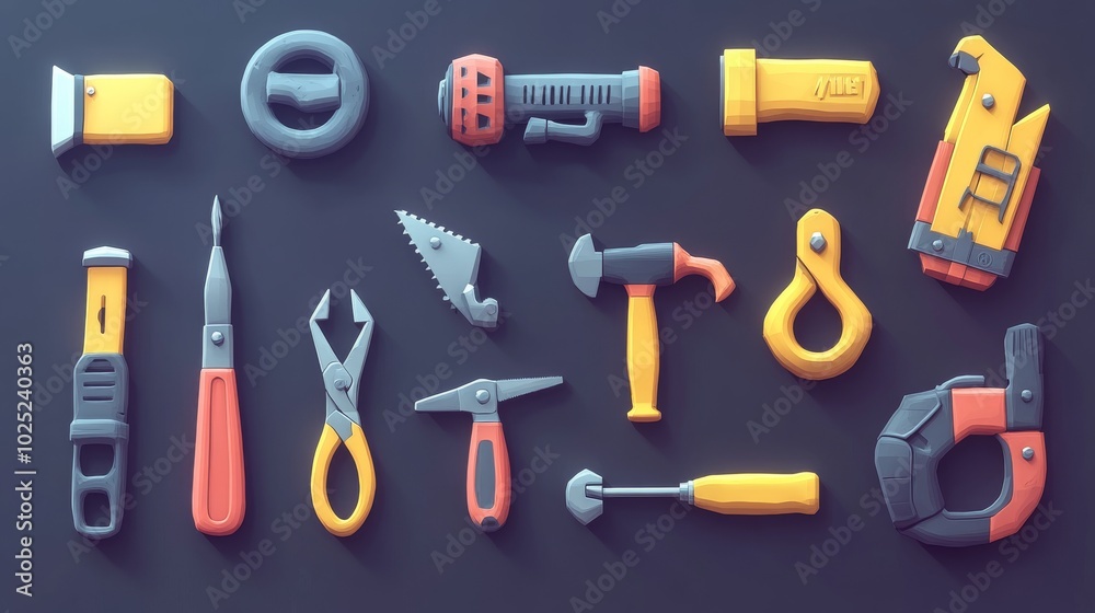 3D vector cartoon icon set: planer, saw, pliers, screwdriver, vise, drill, hammer, adjustable wrench, vibrant colors, high detail 3D vector cartoon icon set: planer, saw, pliers, screwdriver, vise, drill, hammer, adjustable wrench, vibrant colors, high detail