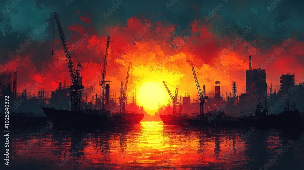 A dramatic sunset over a harbor with cranes and ships silhouetted against the fiery sky.