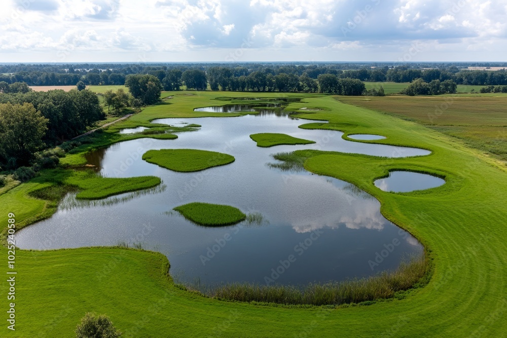 Rural land being restored for wetland preservation, with newly created ponds and marshes to support biodiversity and flood management Rural land being restored for wetland preservation, with newly created ponds and marshes to support biodiversity and flood management