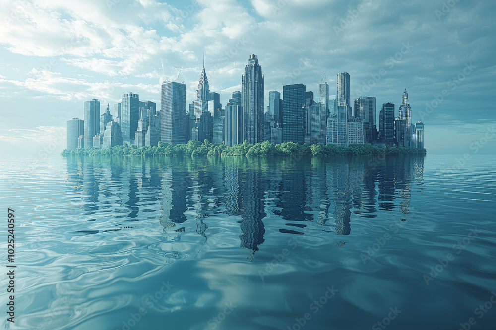 Fototapeta premium A city skyline submerged underwater, symbolizing rising sea levels and climate change. Concept of environmental collapse.