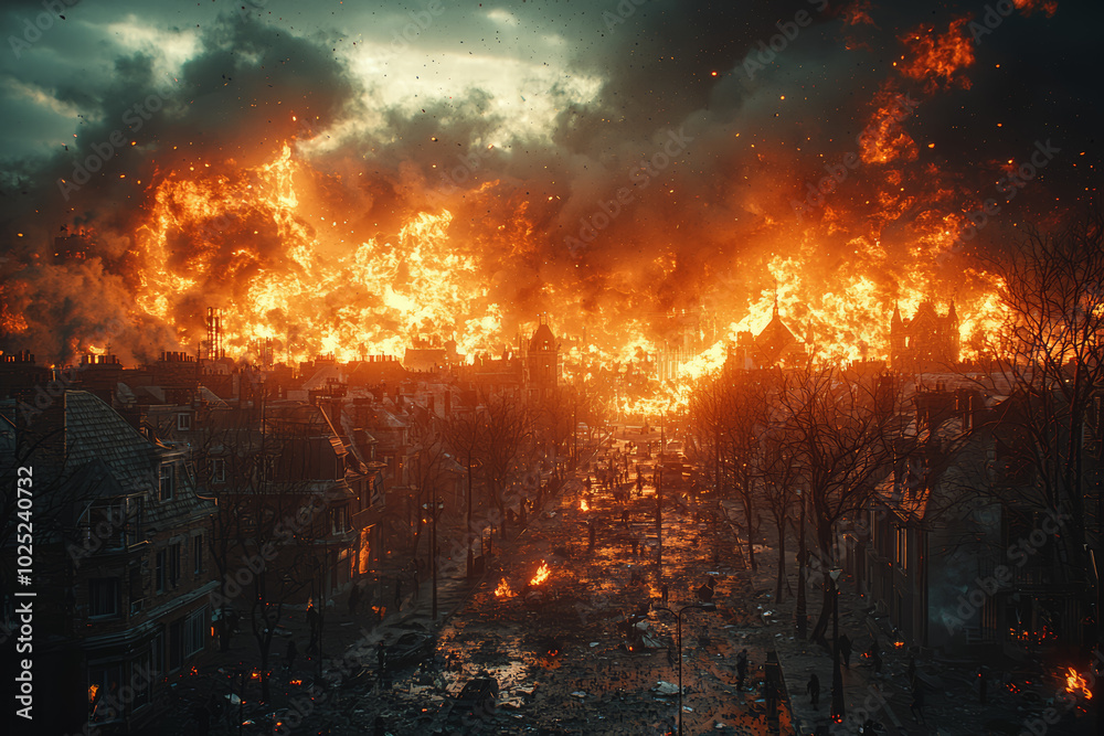 A city on fire during a riot, symbolizing social unrest in the wake of global instability. Concept of social collapse. A city on fire during a riot, symbolizing social unrest in the wake of global instability. Concept of social collapse.