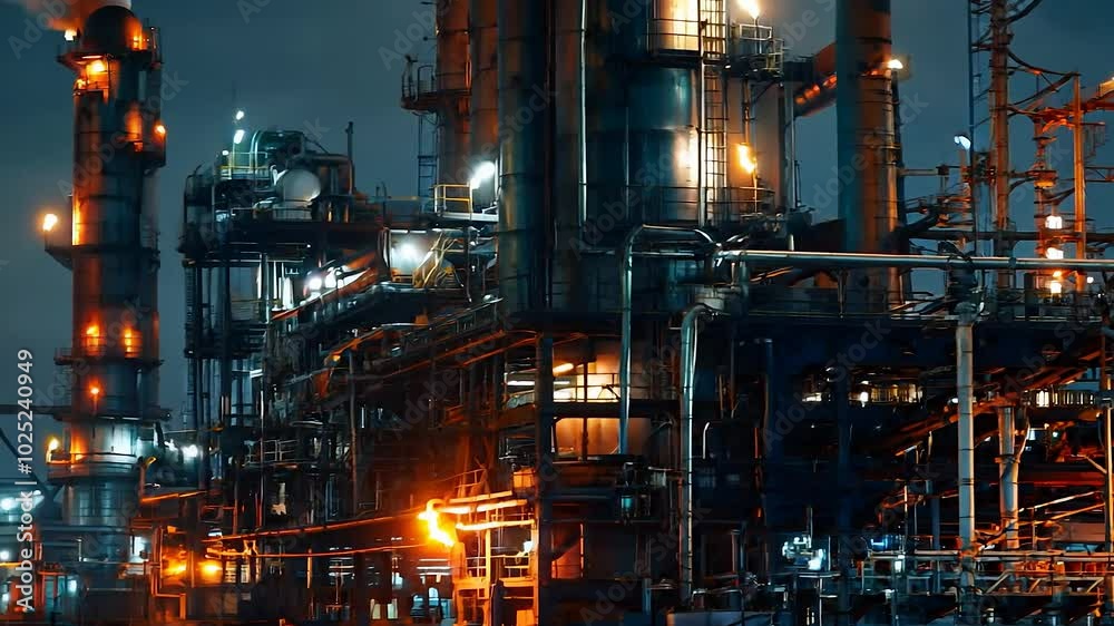 The camera glides smoothly across a bustling oil refinery, revealing intricate pipes, towering structures, and glowing lights that illuminate the night. A dynamic view of industrial activity unfolds. The camera glides smoothly across a bustling oil refinery, revealing intricate pipes, towering structures, and glowing lights that illuminate the night. A dynamic view of industrial activity unfolds.